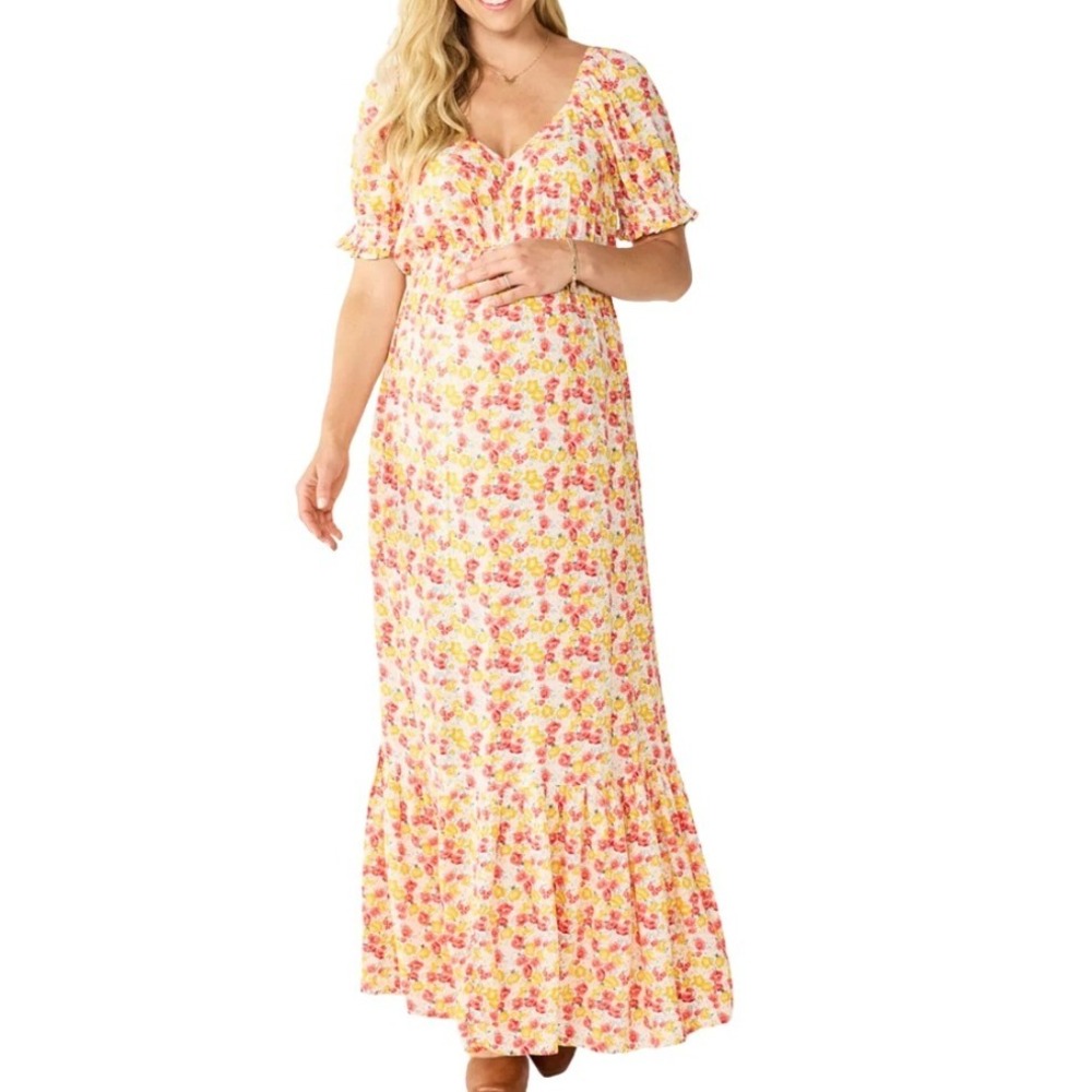 SONOMA Maternity Goods for Life Floral Maxi Dress Smocked Waist Puff Sleeve Midi